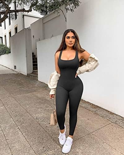 Women Workout Seamless Jumpsuit Yoga Ribbed Bodycon One Piece Square Neck Leggings Romper