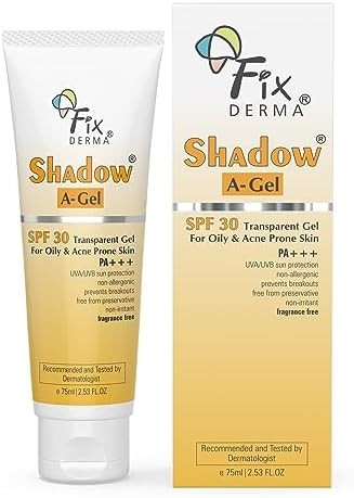 Fixderma Shadow Sunscreen A-Gel SPF 30 for Acne Prone Skin, Non-Oily, Broad Spectrum UVA and UVB Protection, Transparent Gel - 75ml