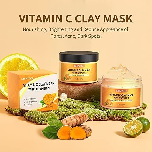 SHVYOG Turmeric Vitamin C Clay Mask, Vitamin C Clay Facial Mask with Kaolin Clay and Turmeric for Dark Spots, Skin Care Turmeric Face Mask for Controlling Oil and Refining Pores 5.29 Oz